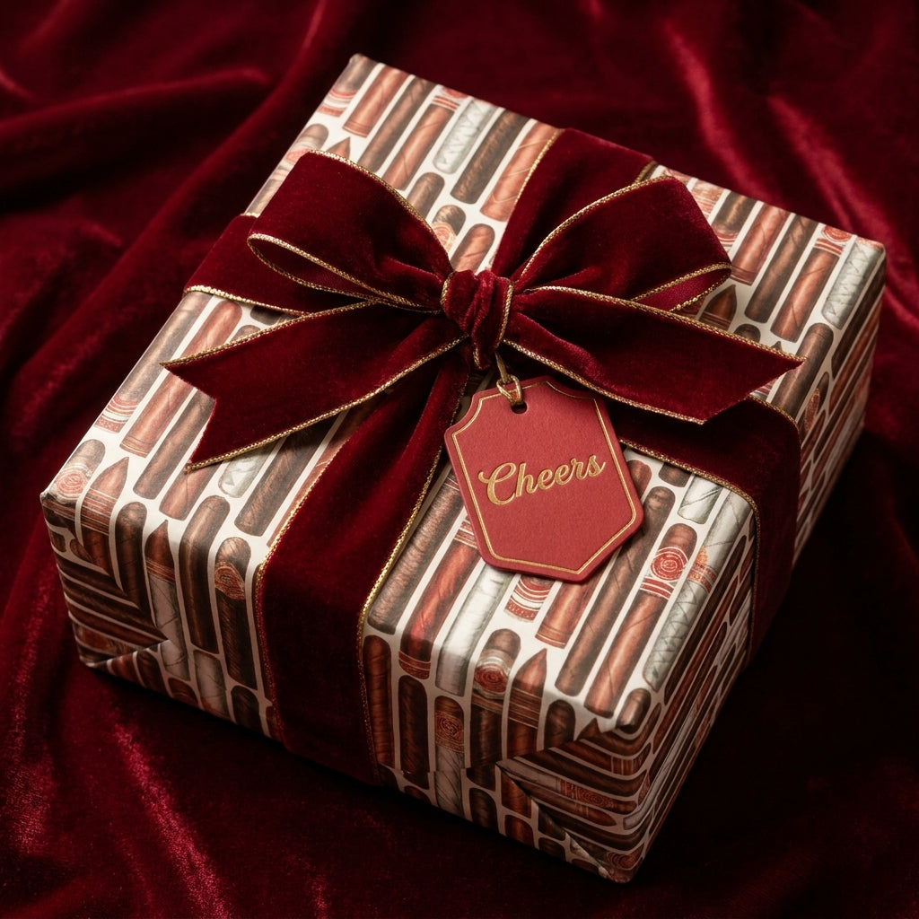 Cigar pattern mens gift wrap with a luxury burgundy velvet bow and Cheers tag by Wrapped Studios.