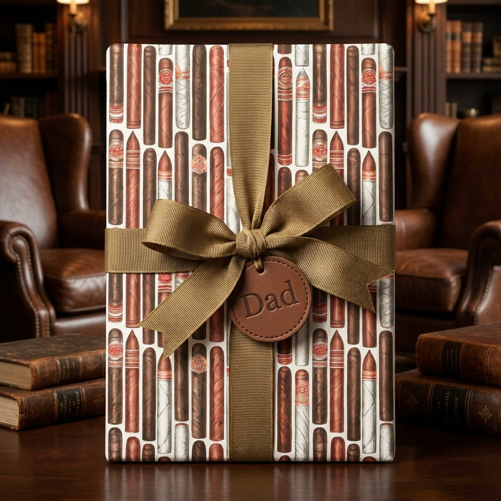 Masculine cigar wrapping paper with gold ribbon and Dad tag for Father's Day, by Wrapped Studios.