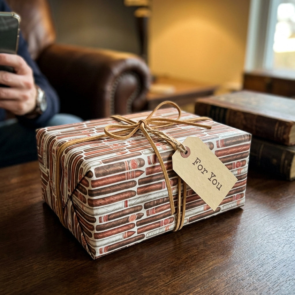 Masculine cigar wrapping paper with a leather string bow and gift tag on a table, by Wrapped Studios.