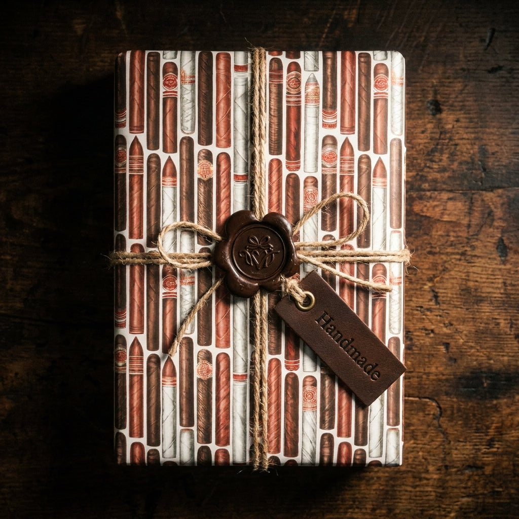 Vintage cigar wrapping paper on a Father's Day gift box with twine and wax seal by Wrapped Studios.