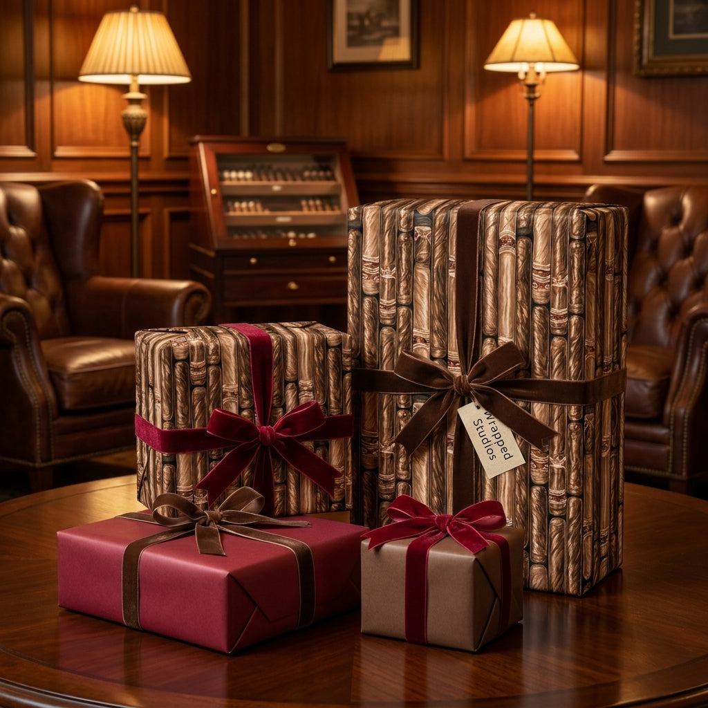 Cigar pattern luxury gift wrap with velvet ribbons on gift boxes by Wrapped Studios.