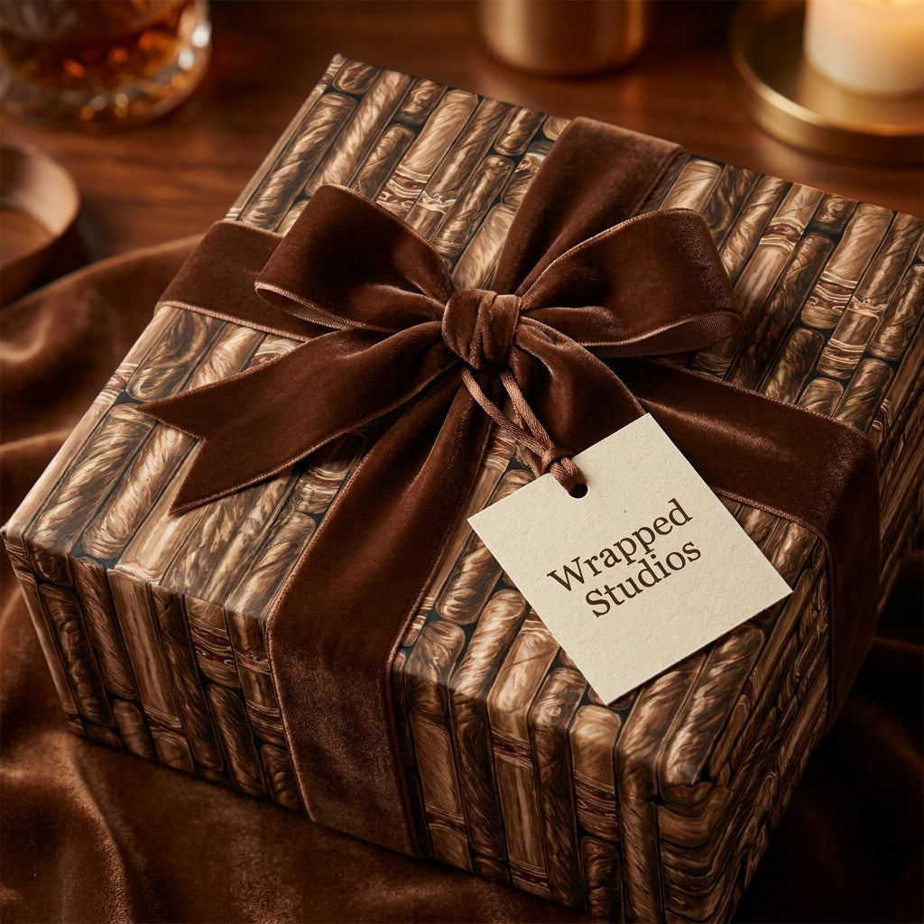 Luxury cigar wrapping paper with a brown velvet bow on a gift box by Wrapped Studios.