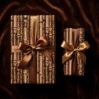 Cigar wrapping paper on gifts with brown satin ribbons. Masculine luxury gift wrap by Wrapped Studios.
