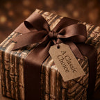 Luxury brown wrapping paper with vintage pattern, ribbon bow, and gift tag by Wrapped Studios.