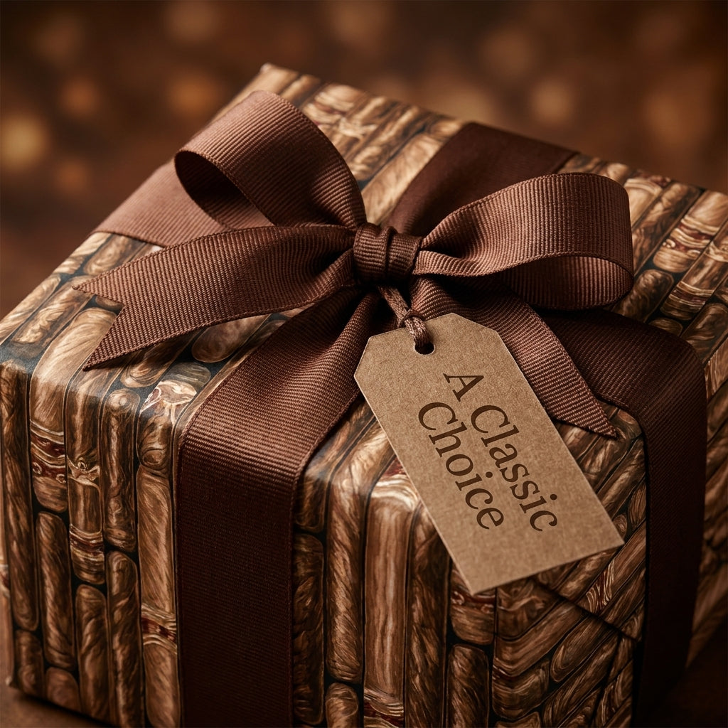 Luxury brown wrapping paper with vintage pattern, ribbon bow, and gift tag by Wrapped Studios.