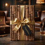 Luxury cigar wrapping paper with a gold ribbon for a mens gift, by Wrapped Studios.
