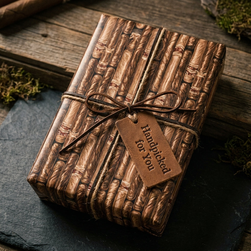 Rustic cigar wrapping paper for men's gifts, with a leather bow and tag by Wrapped Studios.