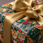 Whimsical circus animal wrapping paper with a gold satin bow. Luxury birthday gift wrap by Wrapped Studios.