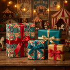 Vintage circus animal wrapping paper and luxury gift wrap with satin bows by Wrapped Studios.