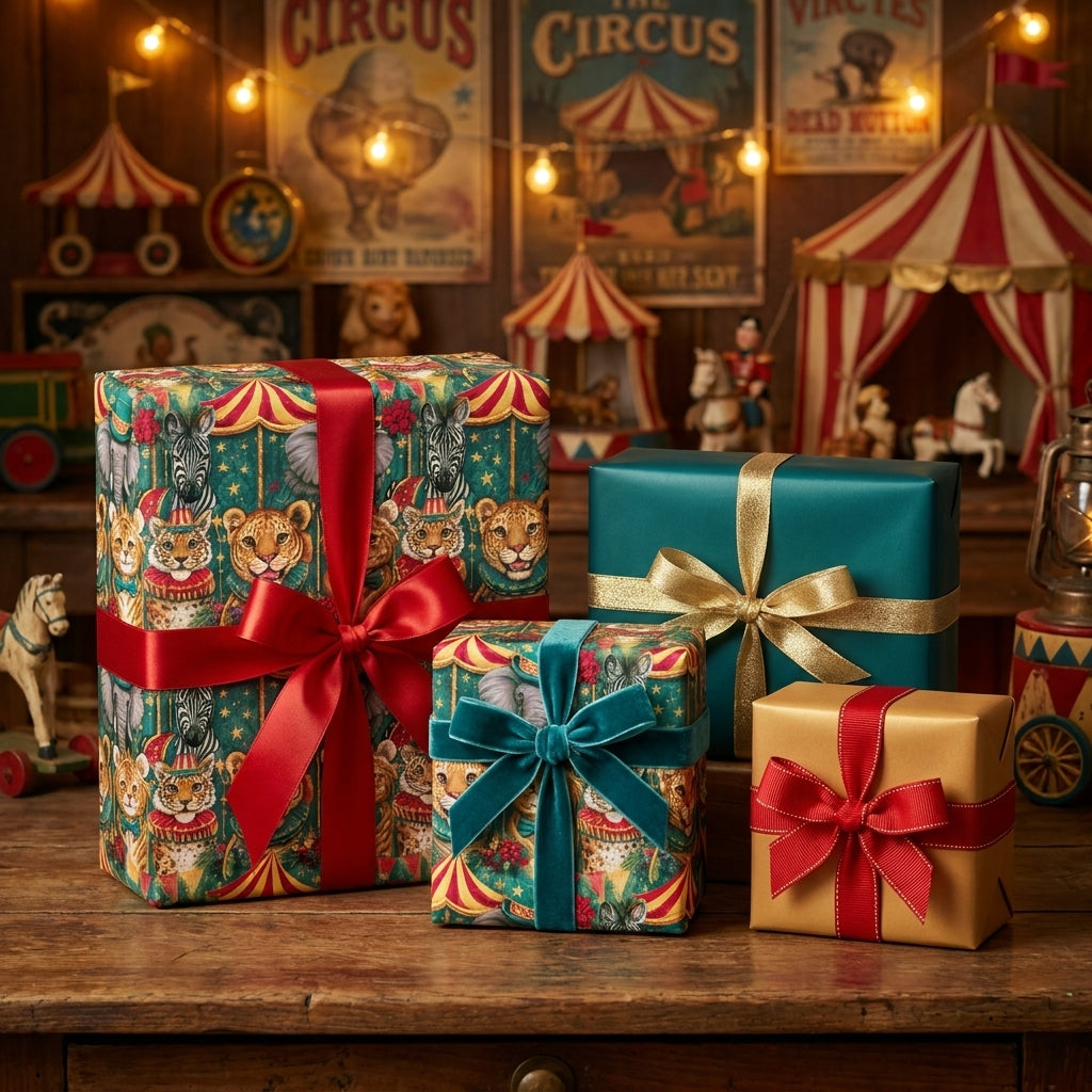 Vintage circus animal wrapping paper and luxury gift wrap with satin bows by Wrapped Studios.
