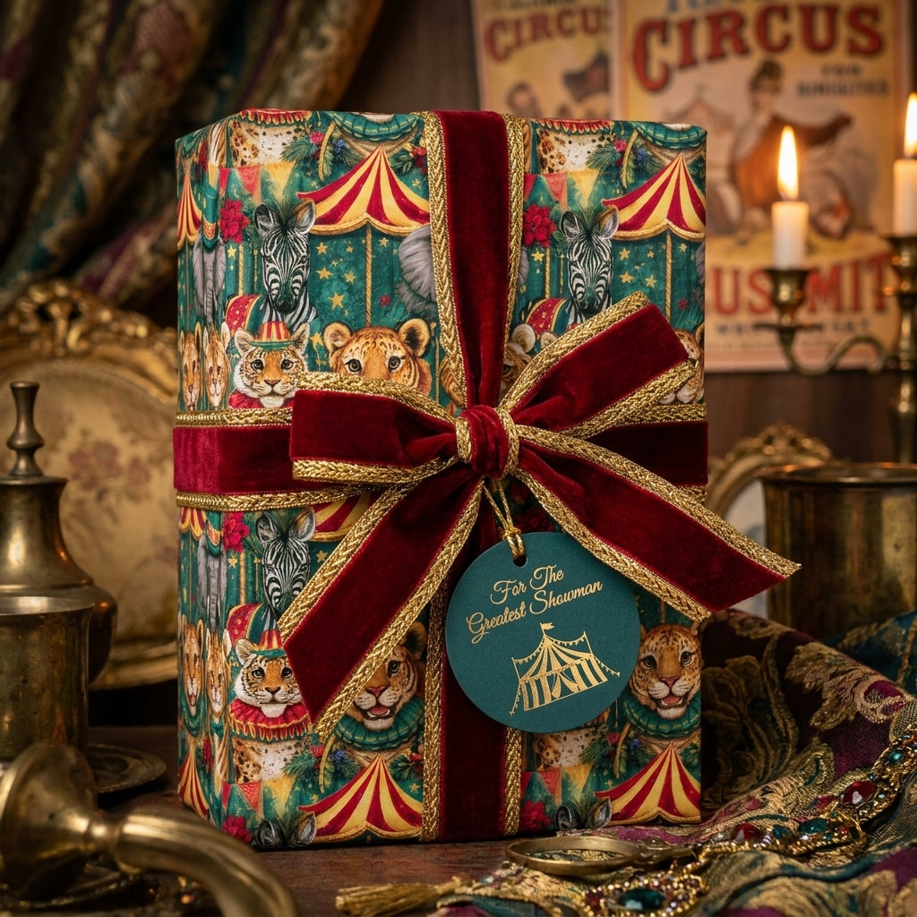 Vintage circus wrapping paper with tigers and a red velvet bow. Luxury gift wrap by Wrapped Studios.