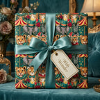 Vintage circus animal wrapping paper with a luxury teal satin bow from Wrapped Studios.