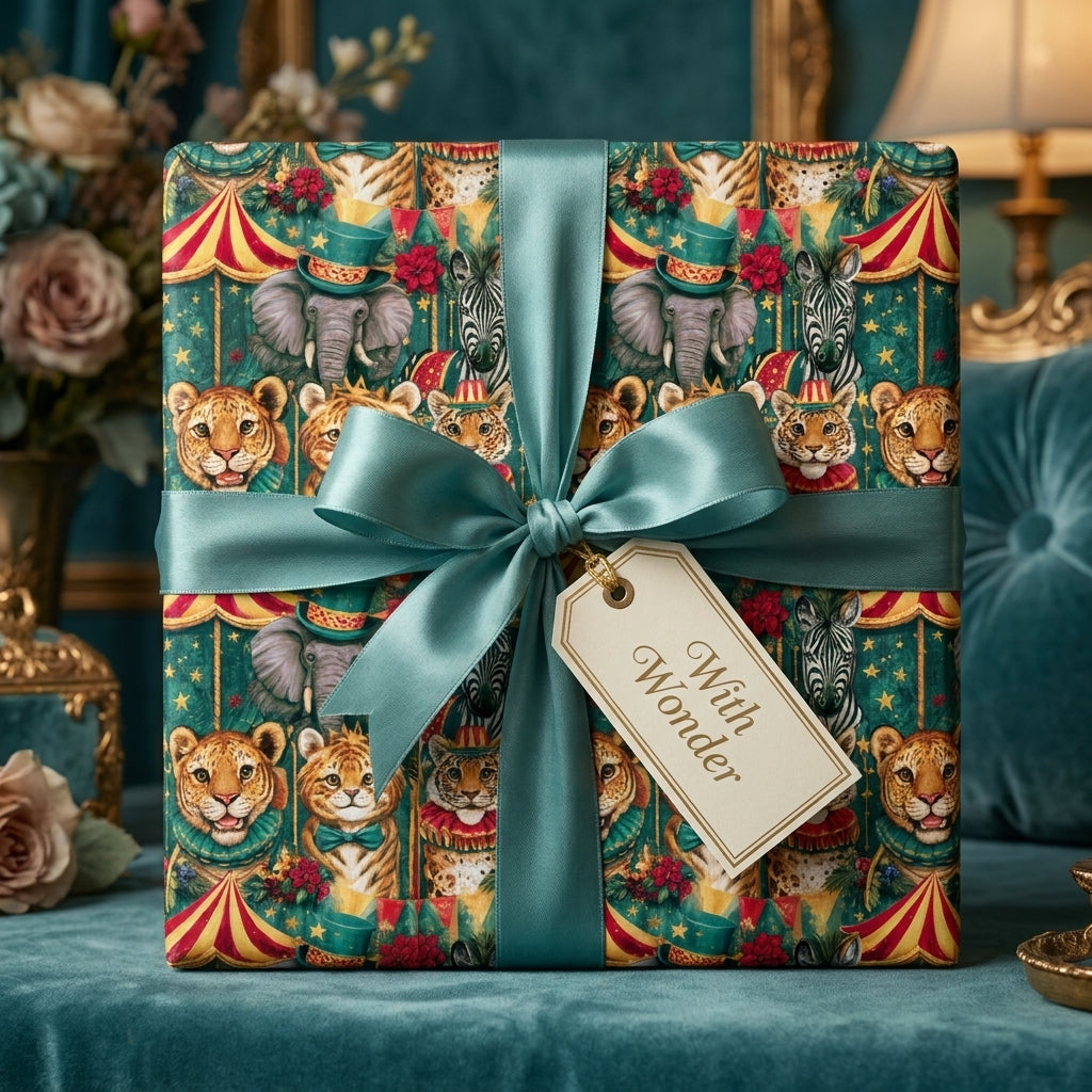 Vintage circus animal wrapping paper with a luxury teal satin bow from Wrapped Studios.