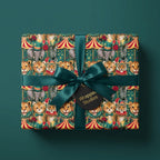 Vintage circus wrapping paper with a green satin ribbon on a gift box, by Wrapped Studios.
