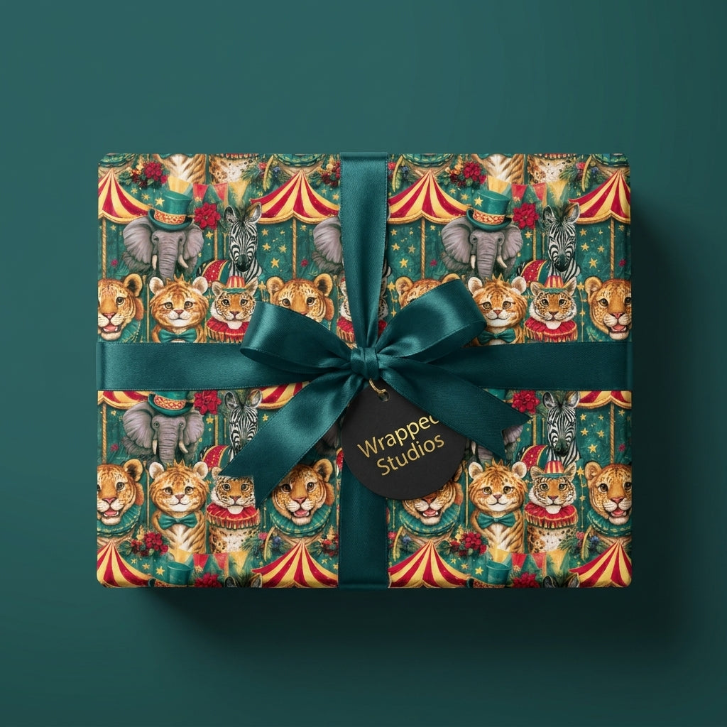 Vintage circus wrapping paper with a green satin ribbon on a gift box, by Wrapped Studios.