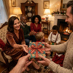 Family exchanging a holiday gift in luxury tiger Christmas wrapping paper by Wrapped Studios.