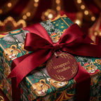 Vintage circus wrapping paper with tigers, a red ribbon bow, and a Wrapped Studios gift tag.