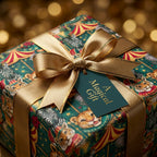 Whimsical circus wrapping paper with gold satin ribbon and gift tag by Wrapped Studios.
