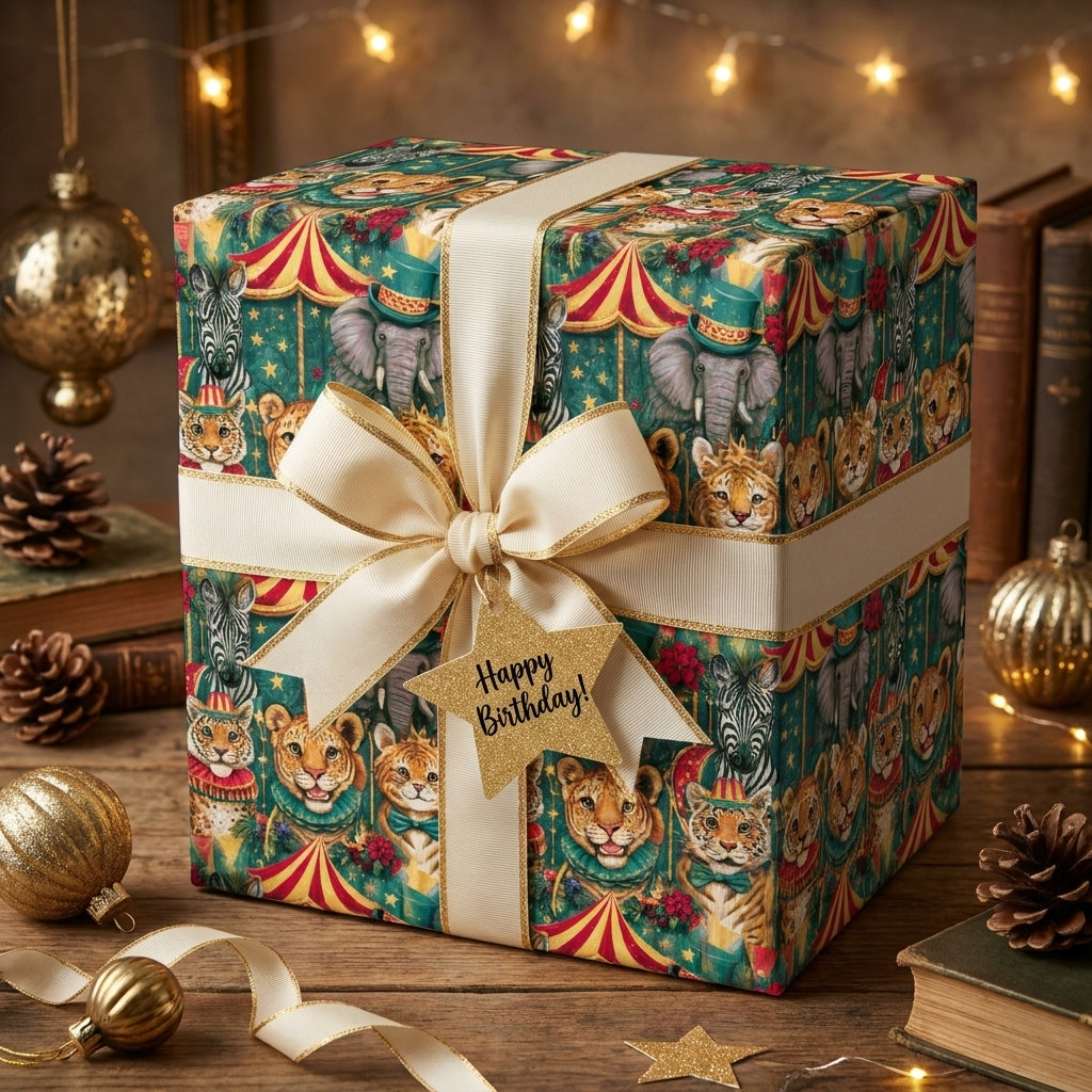 Whimsical circus birthday wrapping paper with a cream ribbon on a gift box by Wrapped Studios.