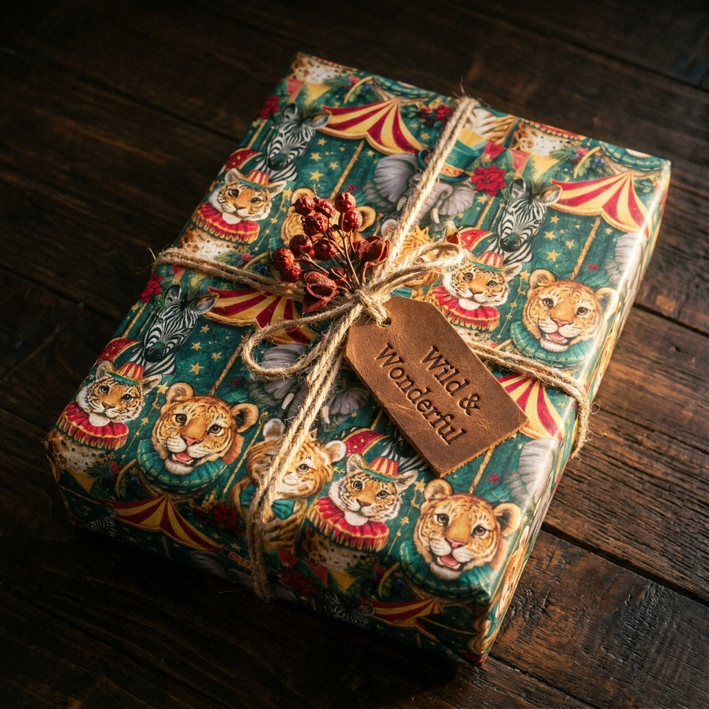 Whimsical circus animal birthday wrapping paper on a rustic gift box by Wrapped Studios.