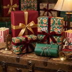 Vintage circus wrapping paper with luxury velvet ribbons on gifts by Wrapped Studios.
