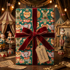 Vintage circus wrapping paper with cute animals and red velvet ribbon by Wrapped Studios.