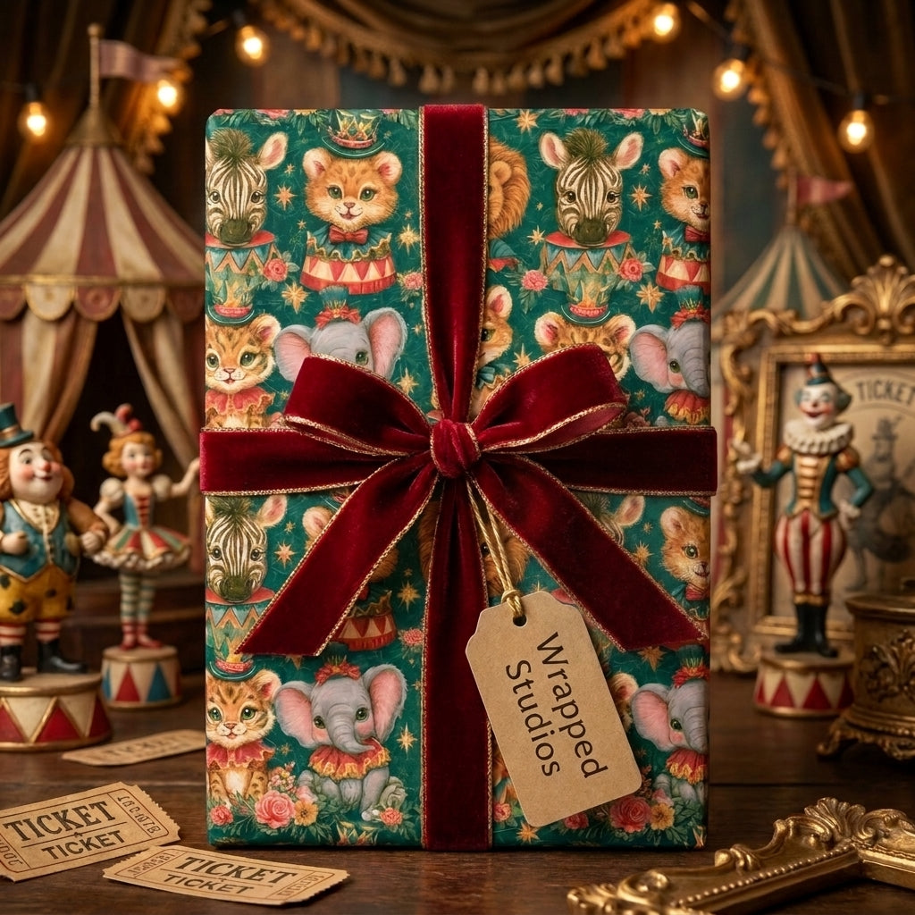 Vintage circus wrapping paper with cute animals and red velvet ribbon by Wrapped Studios.