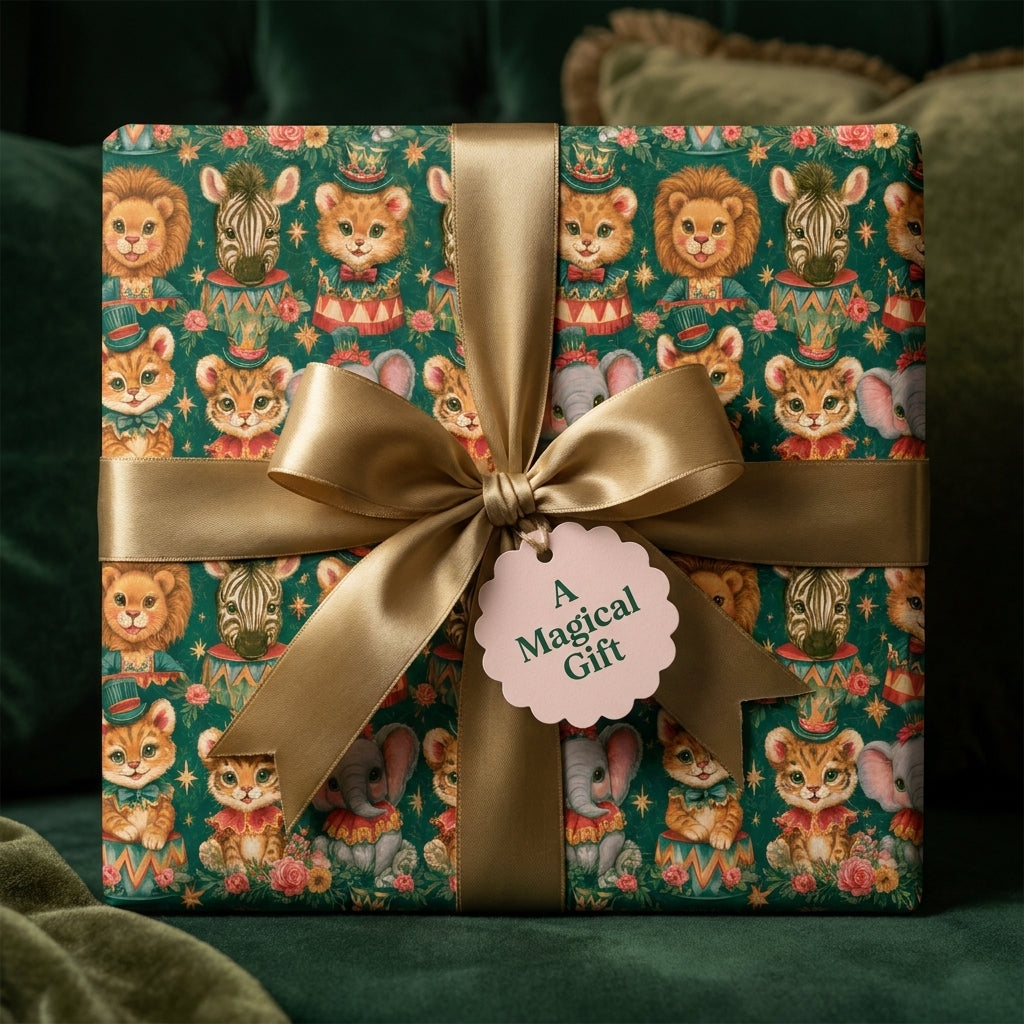 Vintage circus animal wrapping paper with a gold satin bow and tag by Wrapped Studios.