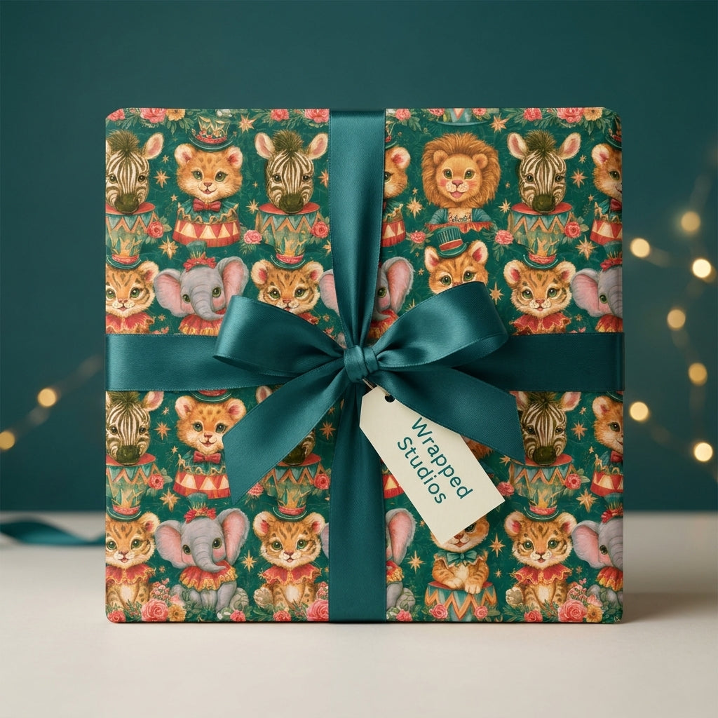 Vintage circus animal wrapping paper with a teal ribbon by Wrapped Studios.