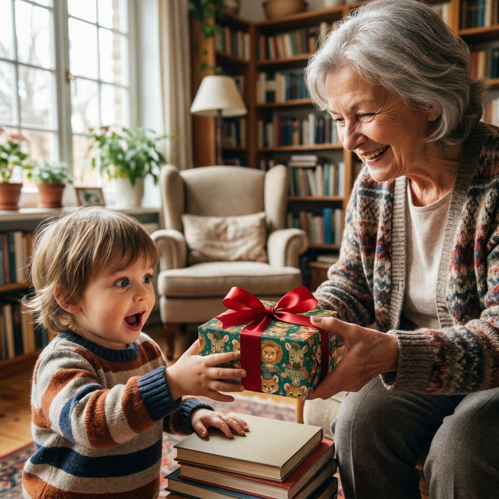 Happy boy receiving a gift wrapped in cute safari animal wrapping paper by Wrapped Studios.