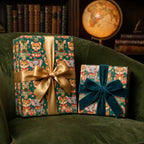 Luxury vintage circus animal wrapping paper on gifts with gold and velvet bows by Wrapped Studios.