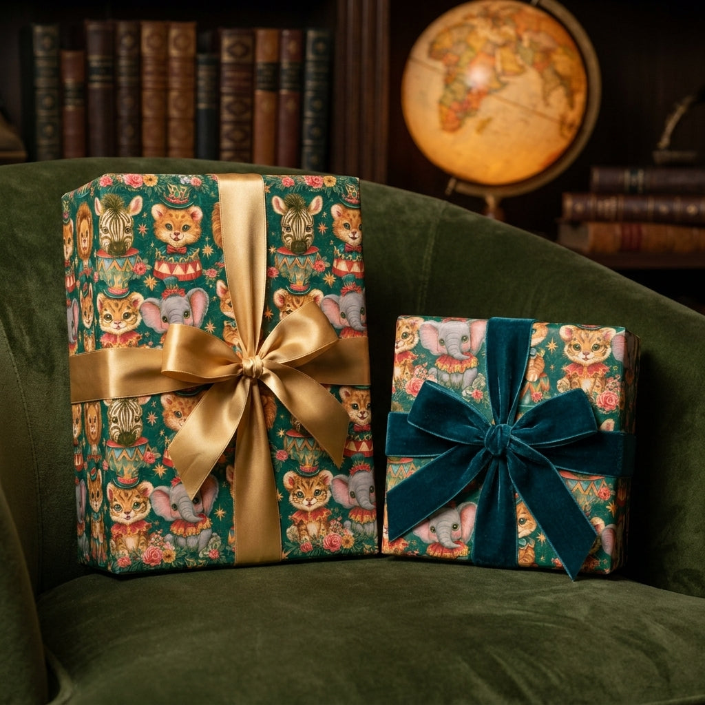 Luxury vintage circus animal wrapping paper on gifts with gold and velvet bows by Wrapped Studios.