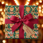 Vintage circus animal wrapping paper with red bow and tag by Wrapped Studios.
