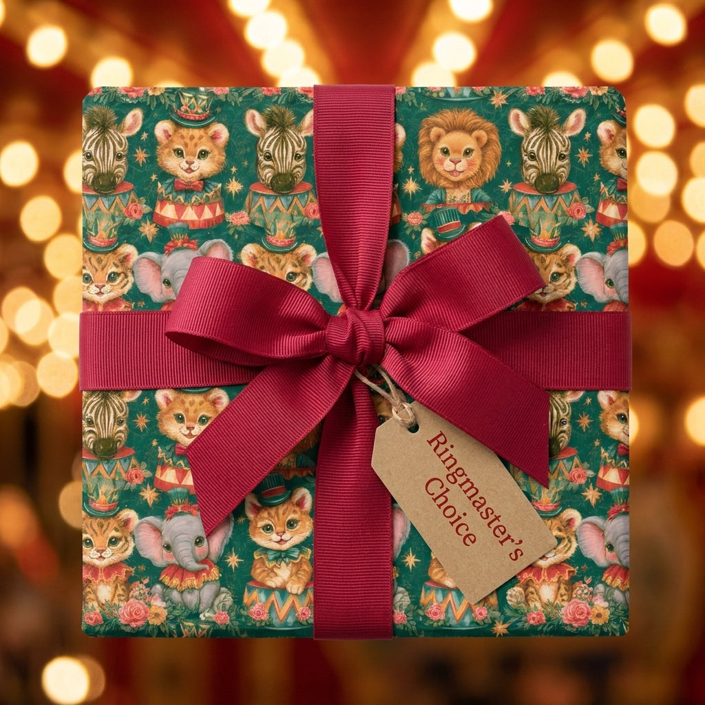 Vintage circus animal wrapping paper with red bow and tag by Wrapped Studios.