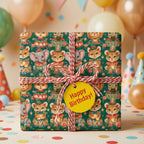 Circus animal kids birthday wrapping paper by Wrapped Studios on a gift tied with red and white twine.