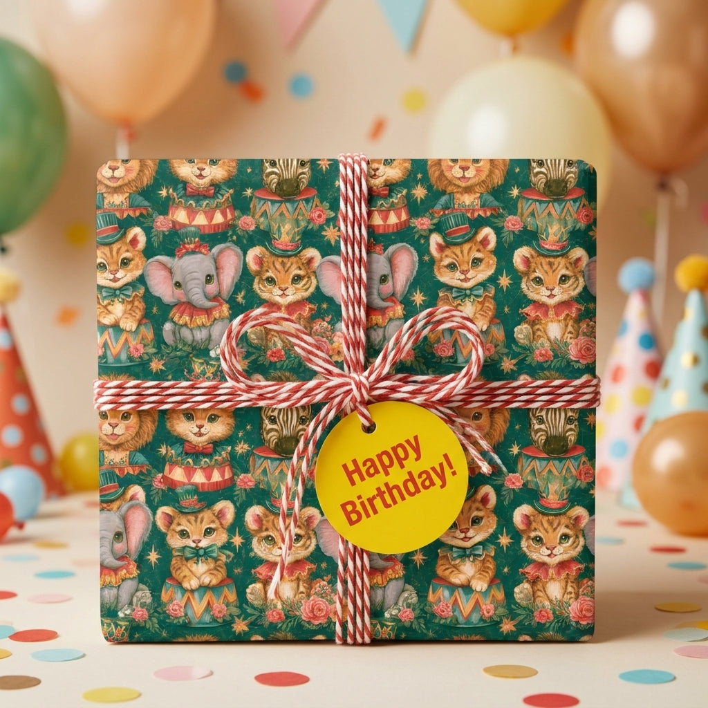 Circus animal kids birthday wrapping paper by Wrapped Studios on a gift tied with red and white twine.
