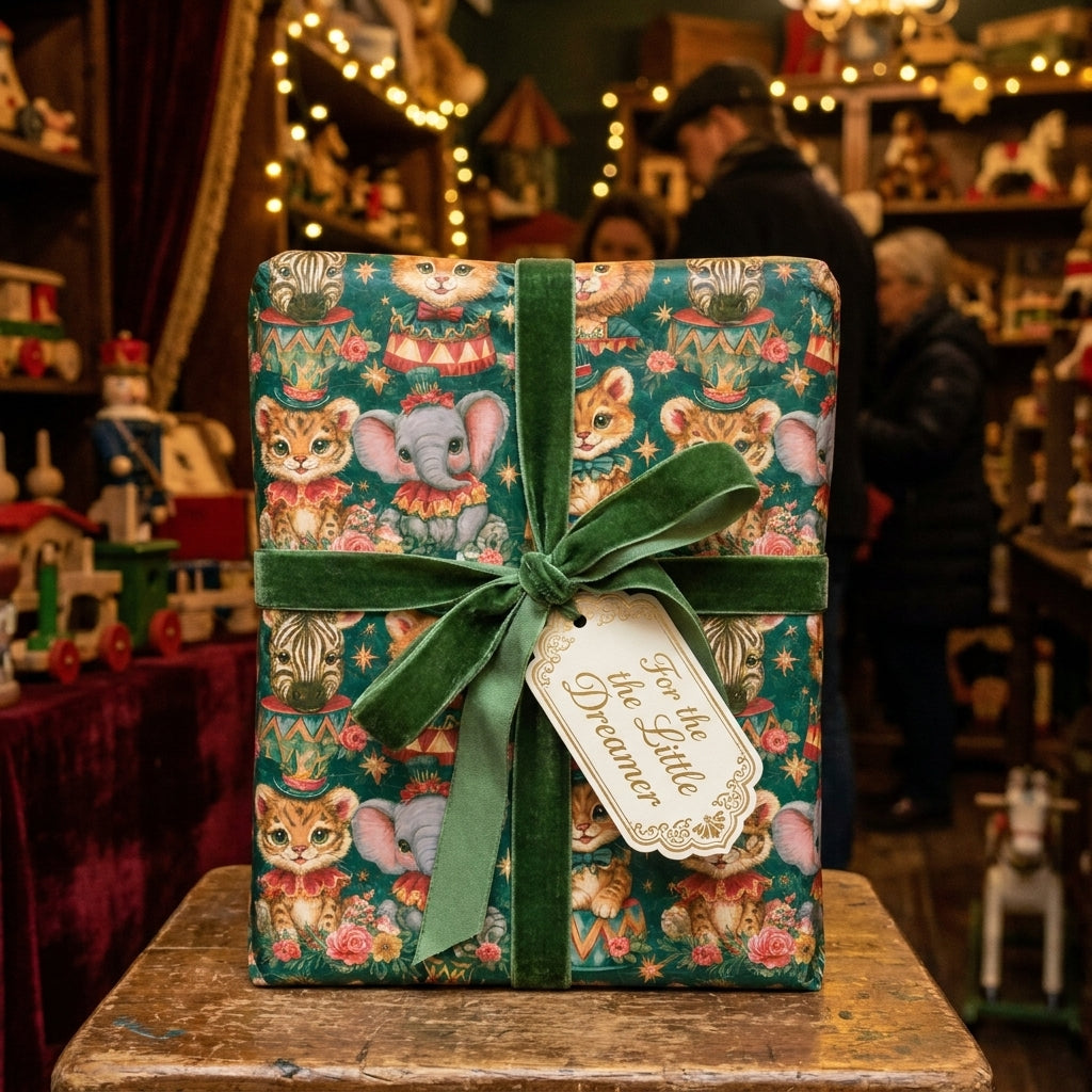 Whimsical circus birthday wrapping paper with green velvet ribbon and gift tag by Wrapped Studios.
