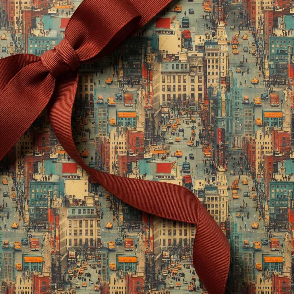 Vintage city scene gift wrap with a burgundy grosgrain ribbon and bow detail.