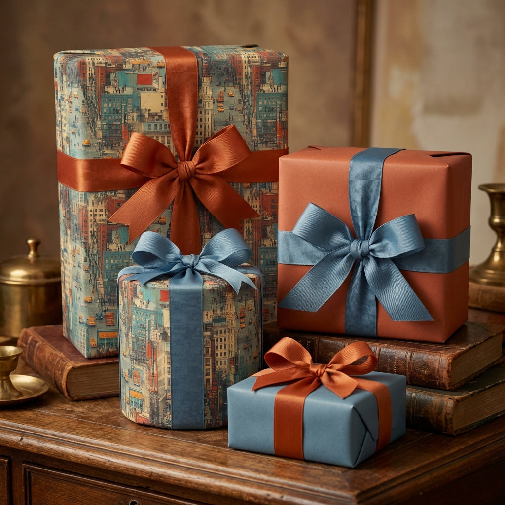 Stylish gift wrap assortment featuring city scene paper and solid colors with satin ribbon accents.