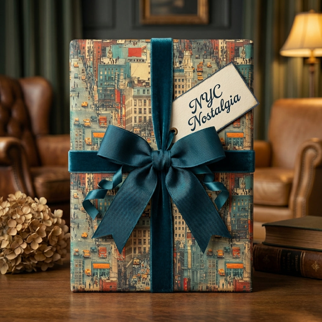 Elegant gift wrapped in NYC cityscape wrapping paper with a teal velvet ribbon and "NYC Nostalgia" tag.