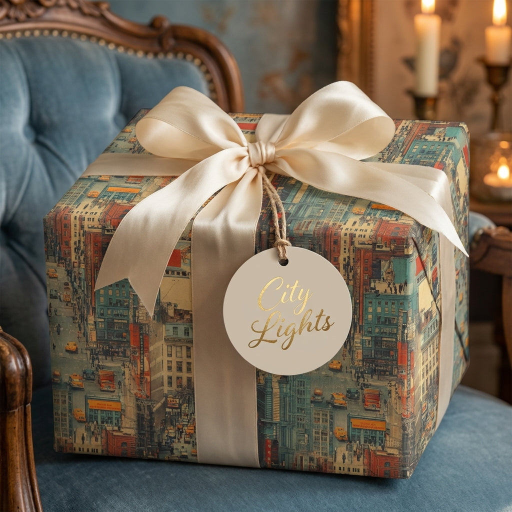City Lights gift wrap with vintage skyscraper pattern, tied with ivory ribbon.