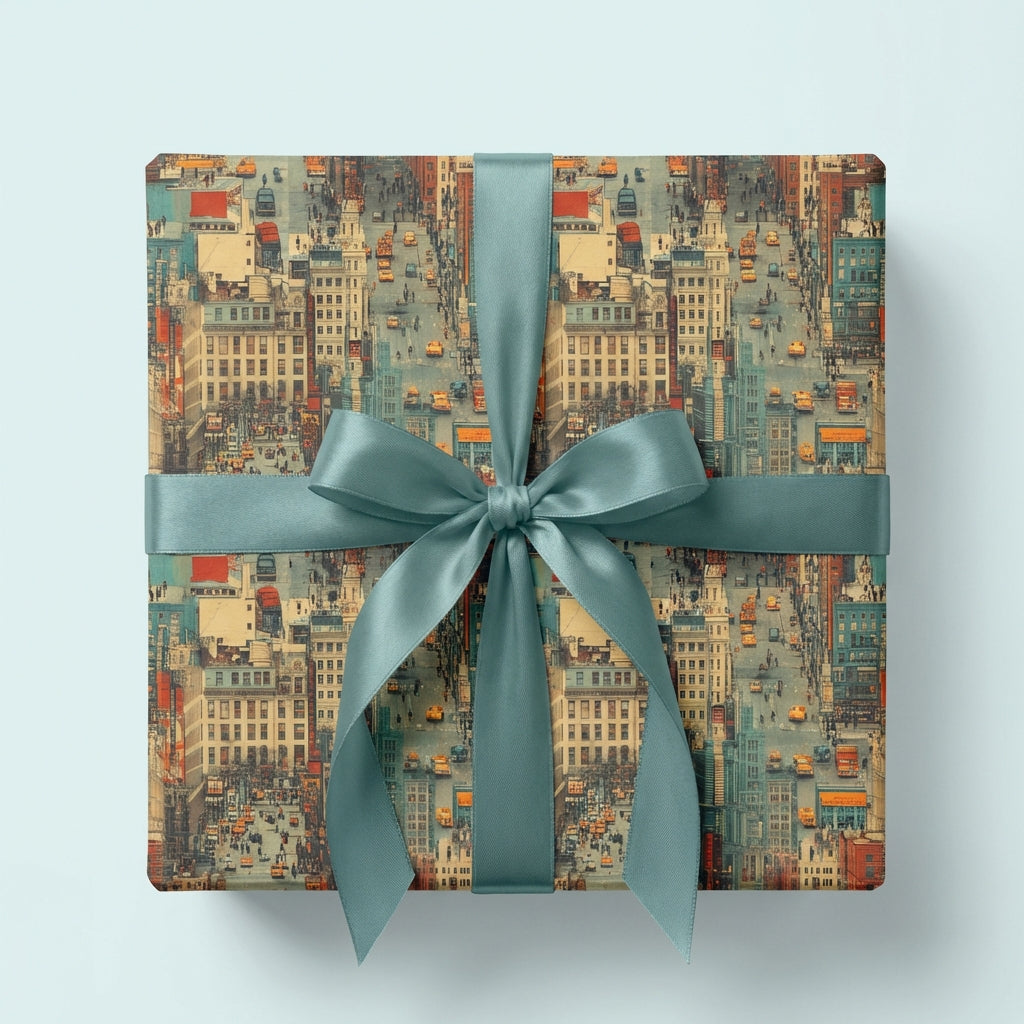 Square gift wrapped in vintage-style city scene wrapping paper with a teal satin ribbon.