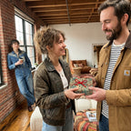 Woman receiving gift wrapped in modern building print wrapping paper with red ribbon.