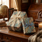 Wrapped gifts with architectural pattern gift wrap and ribbons on a dark wooden desk.
