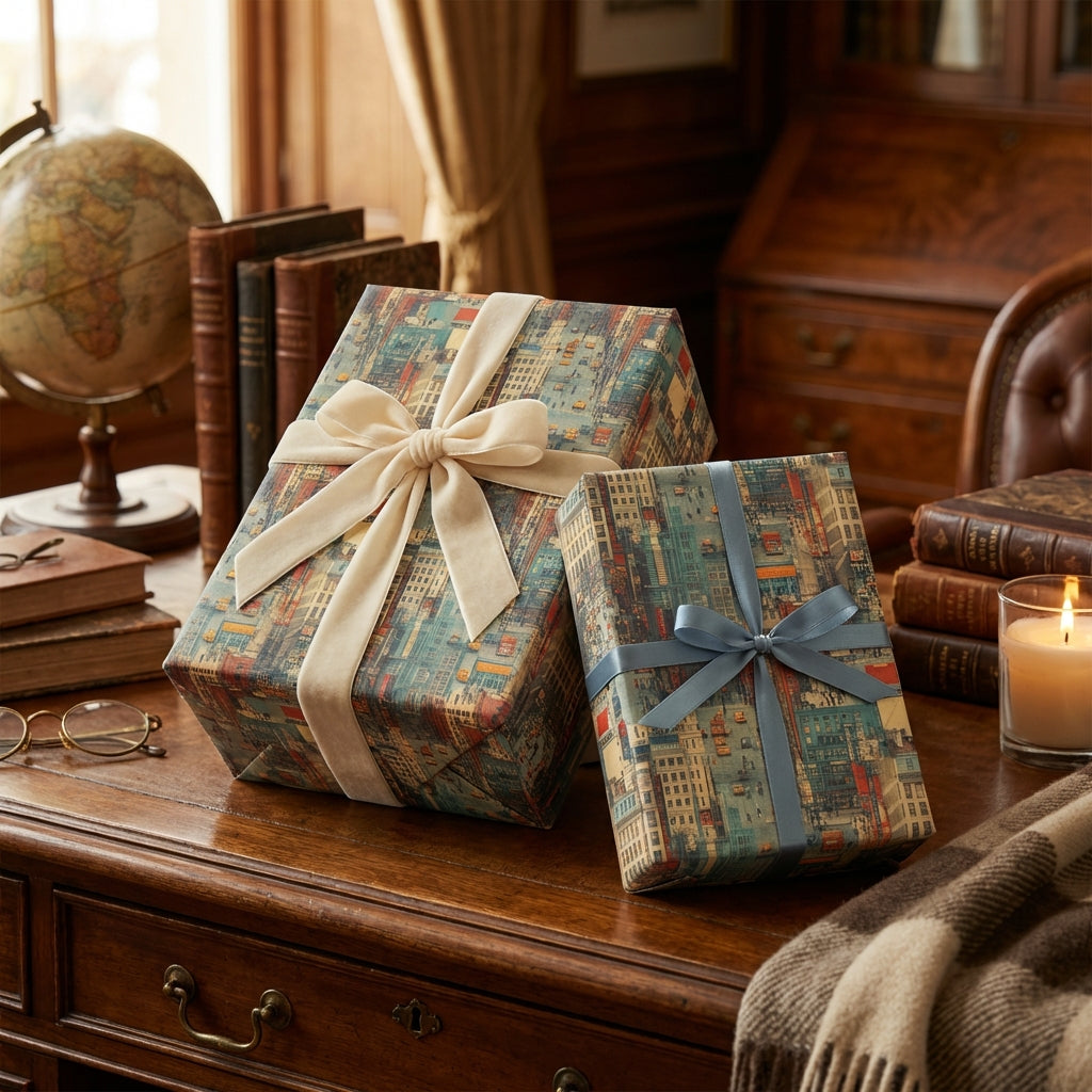 Wrapped gifts with architectural pattern gift wrap and ribbons on a dark wooden desk.