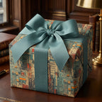 Elegant vintage-style gift wrapped in cityscape paper with a teal ribbon and bow.