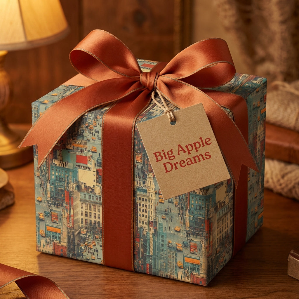 Elegant gift wrapped in vintage-style New York City wrapping paper with a copper-colored ribbon and a "Big Apple Dreams" tag.