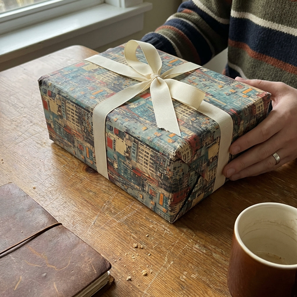 Rectangular gift wrapped in architectural print paper with cream ribbon on wooden table.