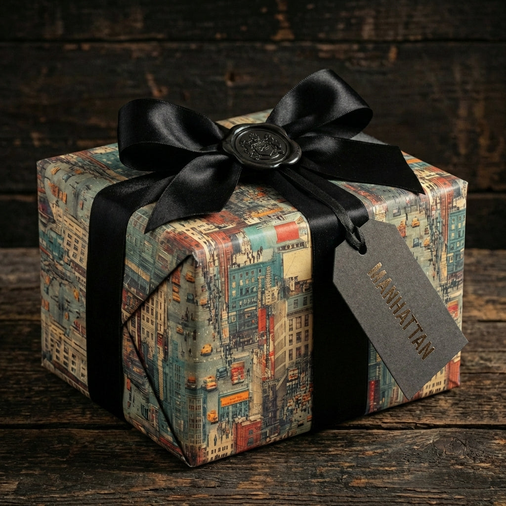 Elegant gift box wrapped in Manhattan cityscape paper with a black satin ribbon and tag.