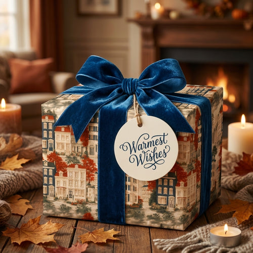 Vintage holiday wrapping paper with a cozy house print and blue velvet bow by Wrapped Studios.